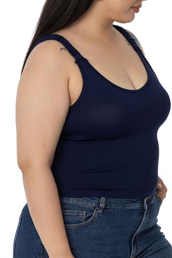 Büyük Beden Askıları Büzgülü Drapeli Crop Lacivert Body