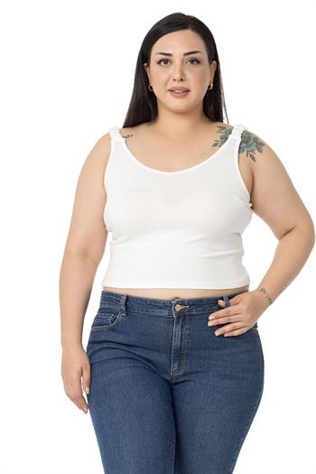 Büyük Beden Askıları Büzgülü Drapeli Crop Ekru Body