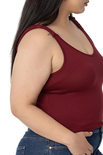 Büyük Beden Askıları Büzgülü Drapeli Crop Bordo Body