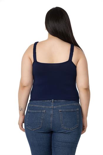 Büyük Beden Askıları Büzgülü Drapeli Crop Lacivert Body