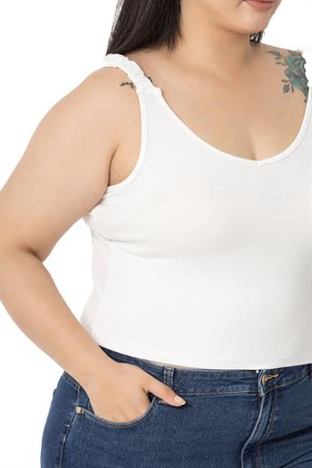Büyük Beden Askıları Büzgülü Drapeli Crop Ekru Body