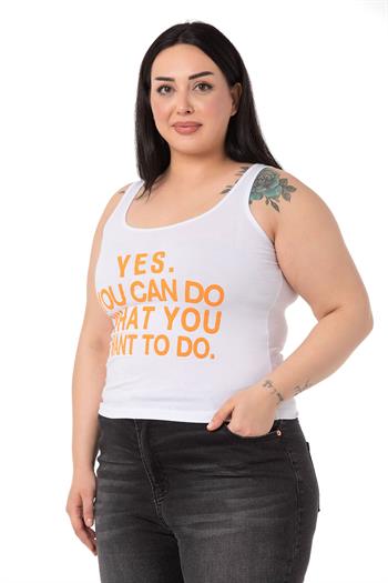 Büyük Beden Askılı Yazılı Beyaz Turuncu T-shirt
