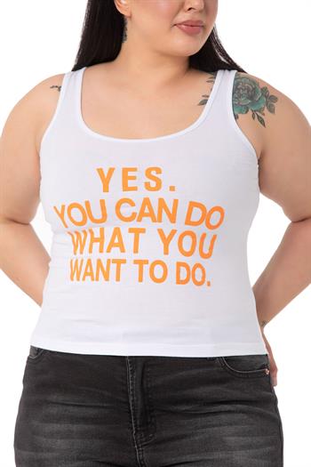 Büyük Beden Askılı Yazılı Beyaz Turuncu T-shirt