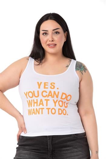 Büyük Beden Askılı Yazılı Beyaz Turuncu T-shirt