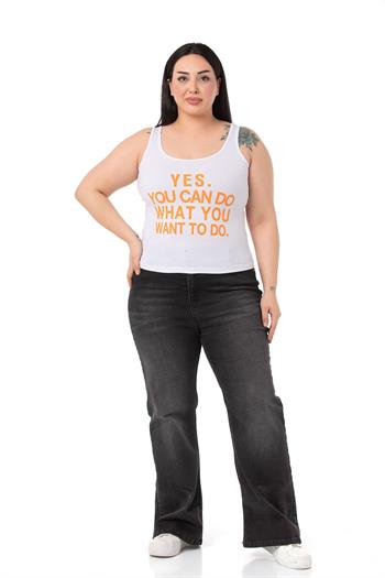 Büyük Beden Askılı Yazılı Beyaz Turuncu T-shirt