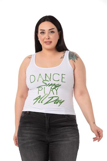 Büyük Beden Askılı Yazılı Beyaz Yeşil T-shirt