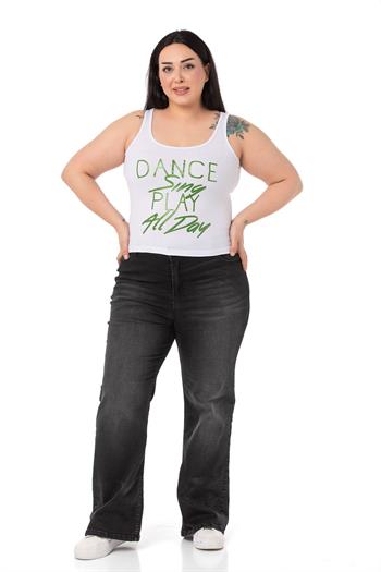 Büyük Beden Askılı Yazılı Beyaz Yeşil T-shirt