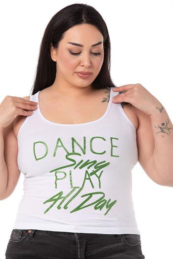 Büyük Beden Askılı Yazılı Beyaz Yeşil T-shirt