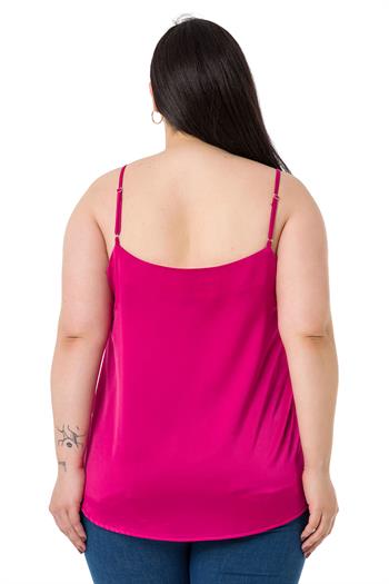 Büyük Beden Ayarlanabilir İnce Askılı Saten Fuşya Bluz