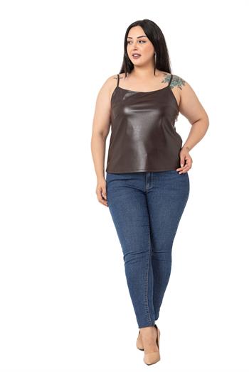 Büyük Beden Ayarlanabilir İnce Askılı Sırtı Lastikli Deri Kahverengi Bluz