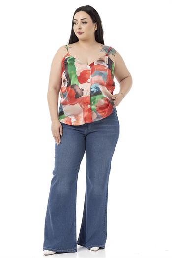 Plus Size Adjustable Thin Straps Front Buttoned Batik Patterned Red Blouse