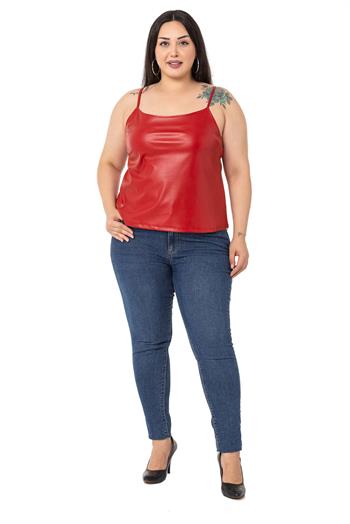 Büyük Beden Ayarlanabilir İnce Askılı Sırtı Lastikli Deri Kırmızı Bluz