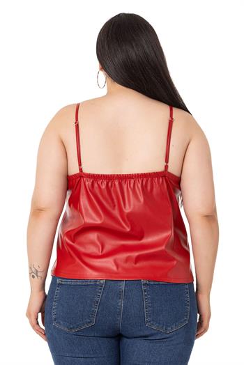 Büyük Beden Ayarlanabilir İnce Askılı Sırtı Lastikli Deri Kırmızı Bluz