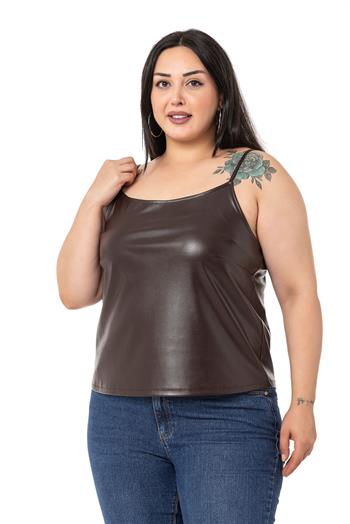 Büyük Beden Ayarlanabilir İnce Askılı Sırtı Lastikli Deri Kahverengi Bluz