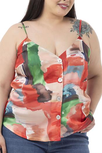 Plus Size Adjustable Thin Straps Front Buttoned Batik Patterned Red Blouse