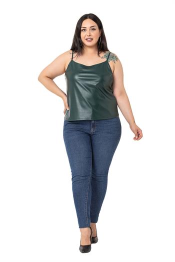 Büyük Beden Ayarlanabilir İnce Askılı Sırtı Lastikli Deri Haki Bluz