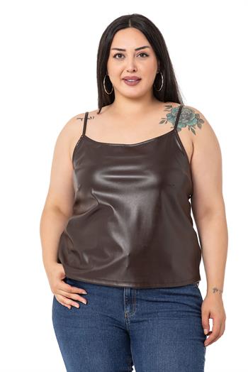 Büyük Beden Ayarlanabilir İnce Askılı Sırtı Lastikli Deri Kahverengi Bluz