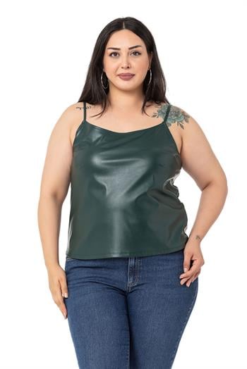 Büyük Beden Ayarlanabilir İnce Askılı Sırtı Lastikli Deri Haki Bluz