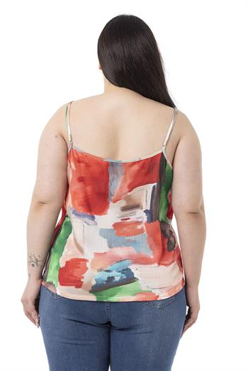 Plus Size Adjustable Thin Straps Front Buttoned Batik Patterned Red Blouse