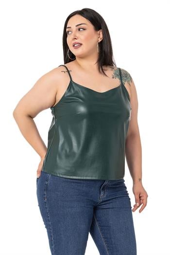 Büyük Beden Ayarlanabilir İnce Askılı Sırtı Lastikli Deri Haki Bluz