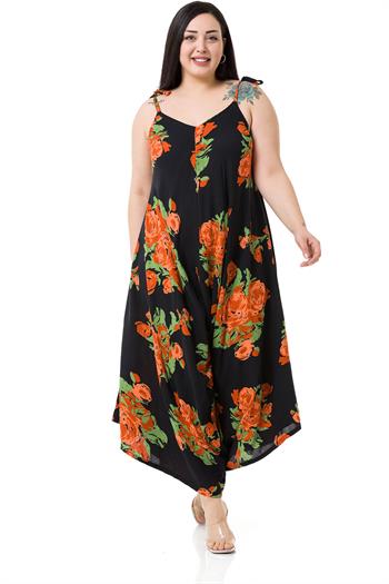 Büyük Beden Ayarlanabilir İp Askılı Dokuma Viskon Turuncu Çiçekli Kadın Tulum