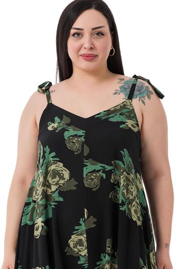 Büyük Beden Ayarlanabilir İp Askılı Dokuma Viskon Yeşil Çiçekli Kadın Tulum