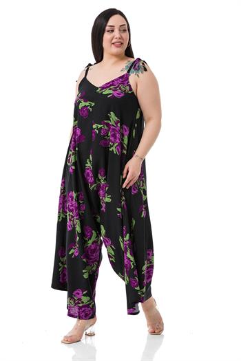 Büyük Beden Ayarlanabilir İp Askılı Dokuma Viskon Lila Çiçekli Kadın Tulum