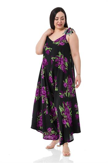 Büyük Beden Ayarlanabilir İp Askılı Dokuma Viskon Lila Çiçekli Kadın Tulum