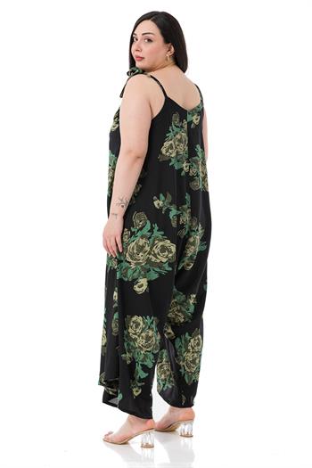 Büyük Beden Ayarlanabilir İp Askılı Dokuma Viskon Yeşil Çiçekli Kadın Tulum