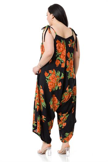 Büyük Beden Ayarlanabilir İp Askılı Dokuma Viskon Turuncu Çiçekli Kadın Tulum