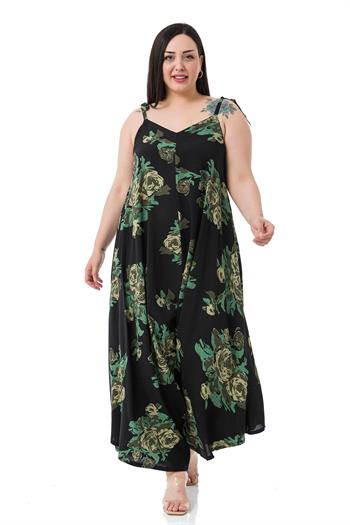 Büyük Beden Ayarlanabilir İp Askılı Dokuma Viskon Yeşil Çiçekli Kadın Tulum