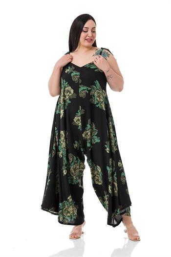 Büyük Beden Ayarlanabilir İp Askılı Dokuma Viskon Yeşil Çiçekli Kadın Tulum