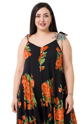 Büyük Beden Ayarlanabilir İp Askılı Dokuma Viskon Turuncu Çiçekli Kadın Tulum