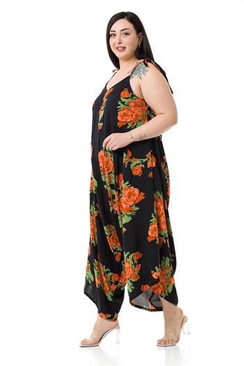 Büyük Beden Ayarlanabilir İp Askılı Dokuma Viskon Turuncu Çiçekli Kadın Tulum