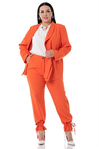 Büyük Beden Bağlama Detaylı Ceket Pantolon Turuncu Takım