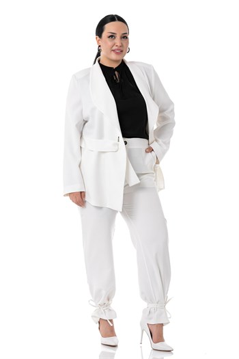 Büyük Beden Bağlama Detaylı Ceket Pantolon Beyaz Takım
