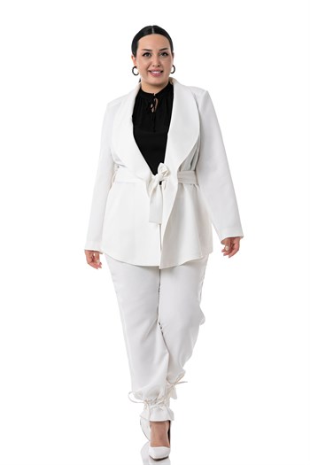 Büyük Beden Bağlama Detaylı Ceket Pantolon Beyaz Takım