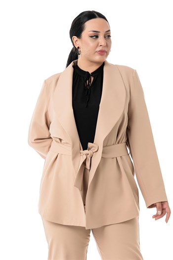Büyük Beden Bağlama Detaylı Ceket Pantolon Bej Rengi Takım