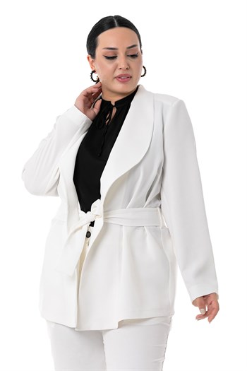 Büyük Beden Bağlama Detaylı Ceket Pantolon Beyaz Takım