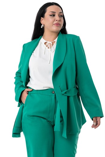 Büyük Beden Bağlama Detaylı Ceket Pantolon Yeşil Takım