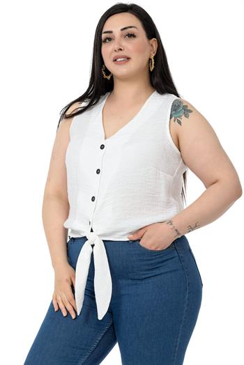Plus Size Tie Detail Sleeveless White Blouse