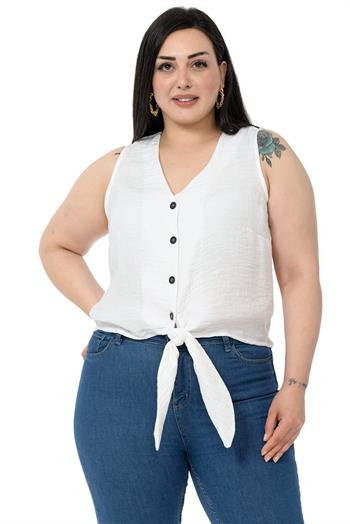 Plus Size Tie Detail Sleeveless White Blouse