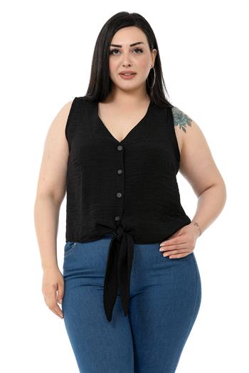 Plus Size Tie Detail Sleeveless Black Blouse