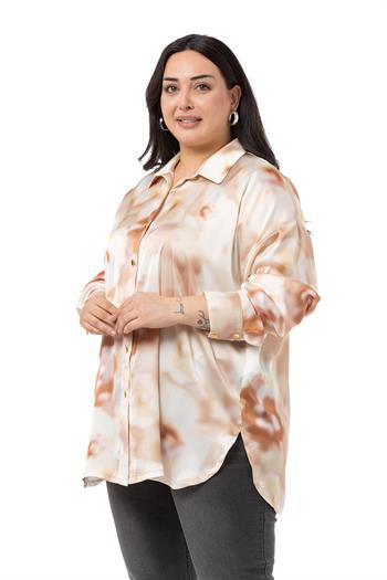 Büyük Beden Batik Çiçek Desenli Saten Bej Rengi Gömlek