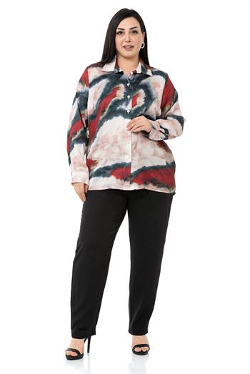 Büyük Beden Batik Desenli Saten Bordo Gömlek