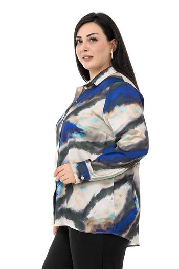 Büyük Beden Batik Desenli Saten Lacivert Gömlek