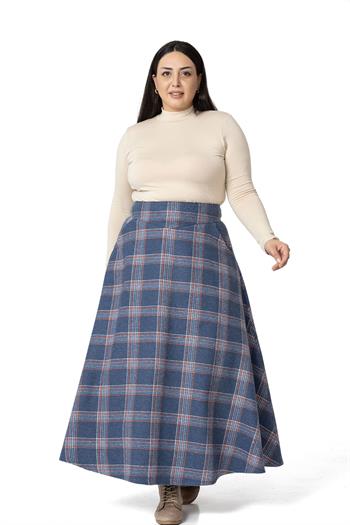 Büyük Beden Bel Detaylı Cepli Fermuarlı Çan Ekose İndigo Uzun Etek