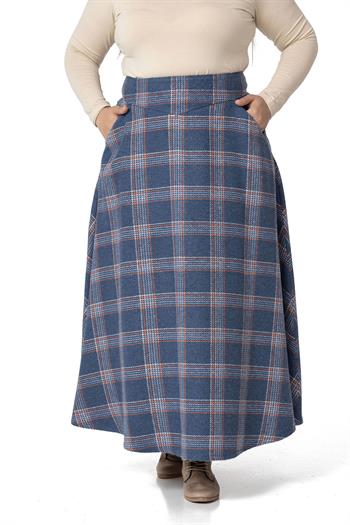 Büyük Beden Bel Detaylı Cepli Fermuarlı Çan Ekose İndigo Uzun Etek