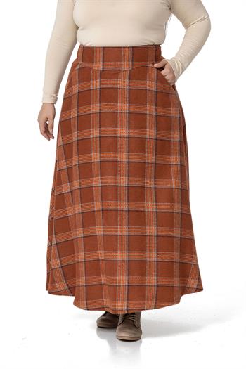 Büyük Beden Bel Detaylı Cepli Fermuarlı Çan Ekose Tarçın Uzun Etek