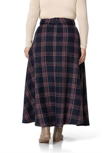 Büyük Beden Bel Detaylı Cepli Fermuarlı Çan Ekose Lacivert Uzun Etek